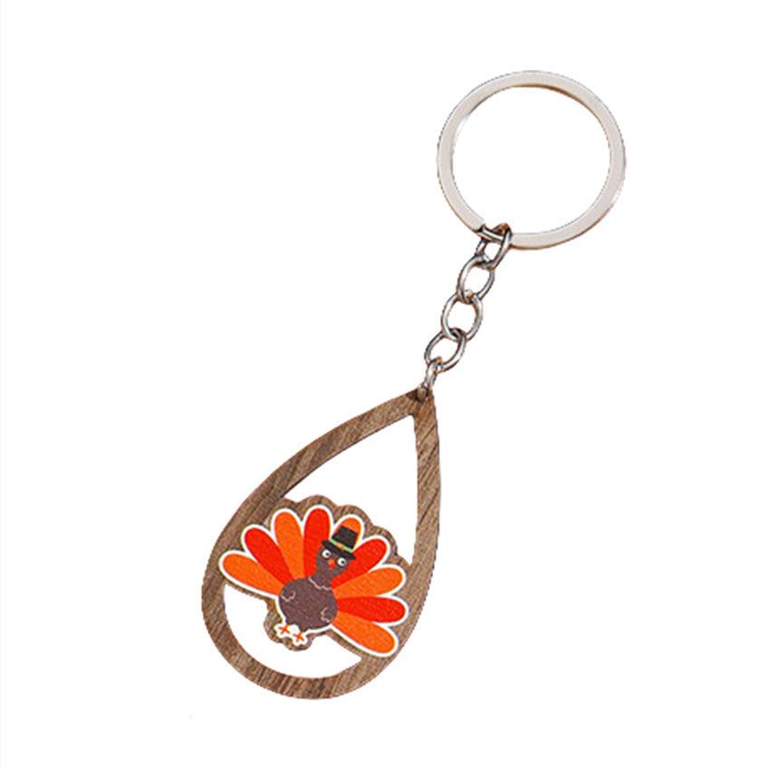 Wholesale Thanksgiving Water Drop Wooden Printed Turkey Maple Leaf Keychain